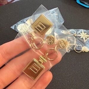 Chanel Light Gold-Tone Perfume Charm Pendant Key Ring Earring Pair (2 charm)